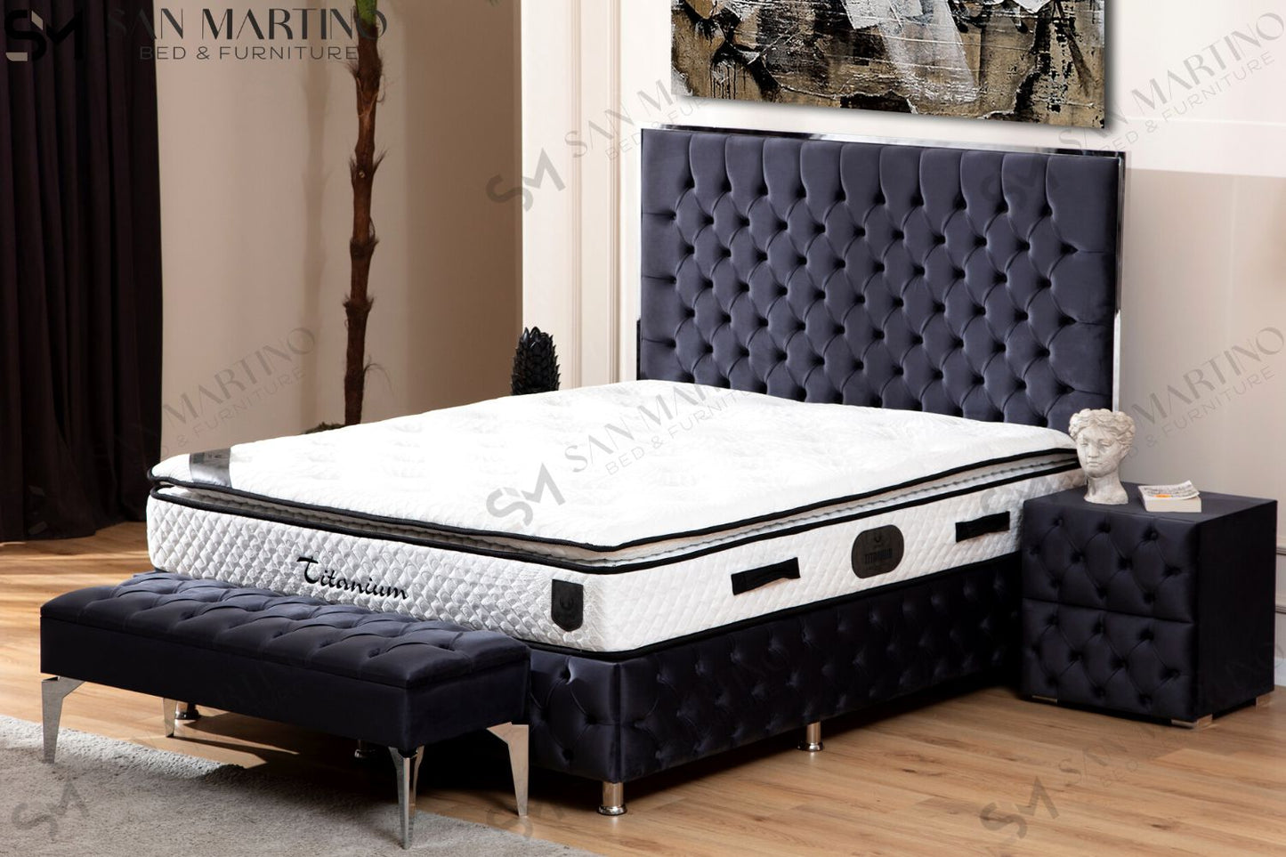 Lit Double Coffre Capitonné En Velours – METALAX GRIS ANTHRACITE