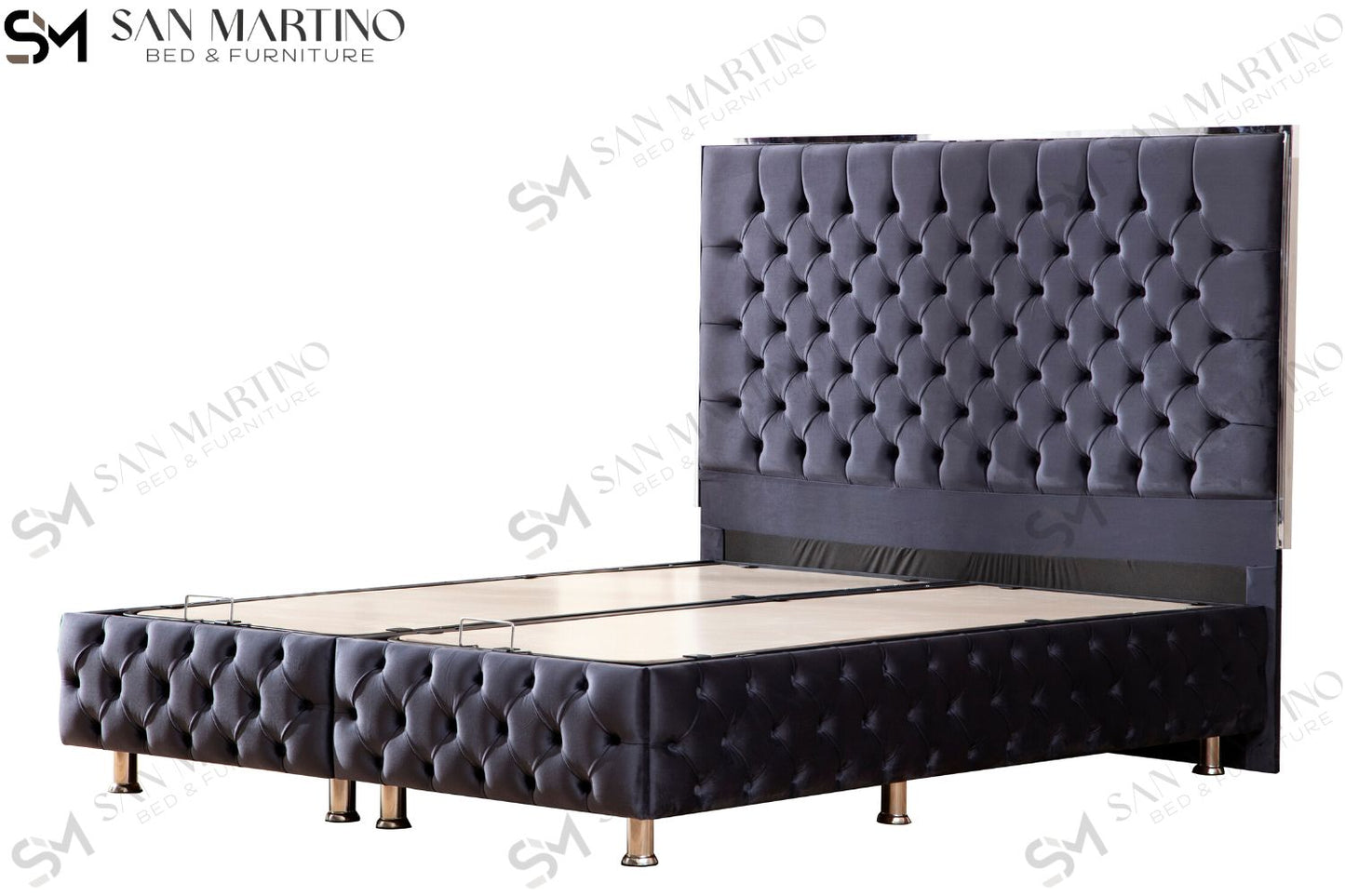 Lit Double Coffre Capitonné En Velours – METALAX GRIS ANTHRACITE