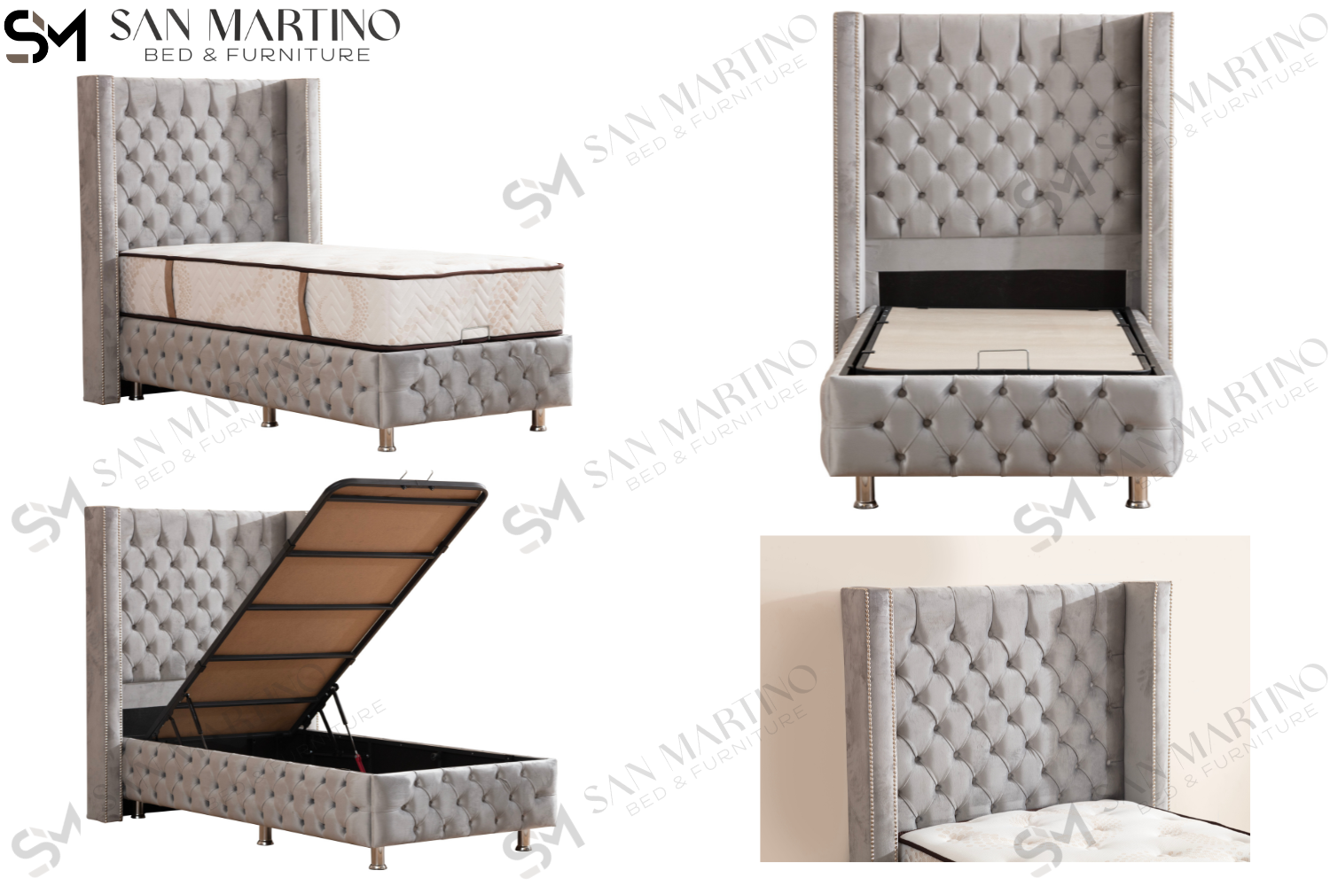 Lit Coffre Enfant CLOUTE GRIS - Velours capitonné