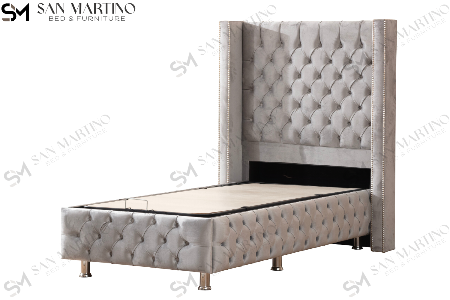 Lit Coffre Enfant CLOUTE GRIS - Velours capitonné