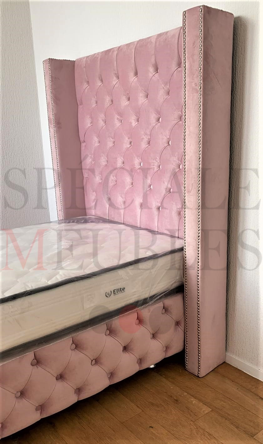 Lit Coffre Enfant CLOUTE ROSE - Velours capitonné