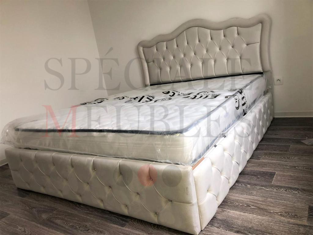 Cadre De Lit VENISE BLANC CASSE - Velours captionné strass