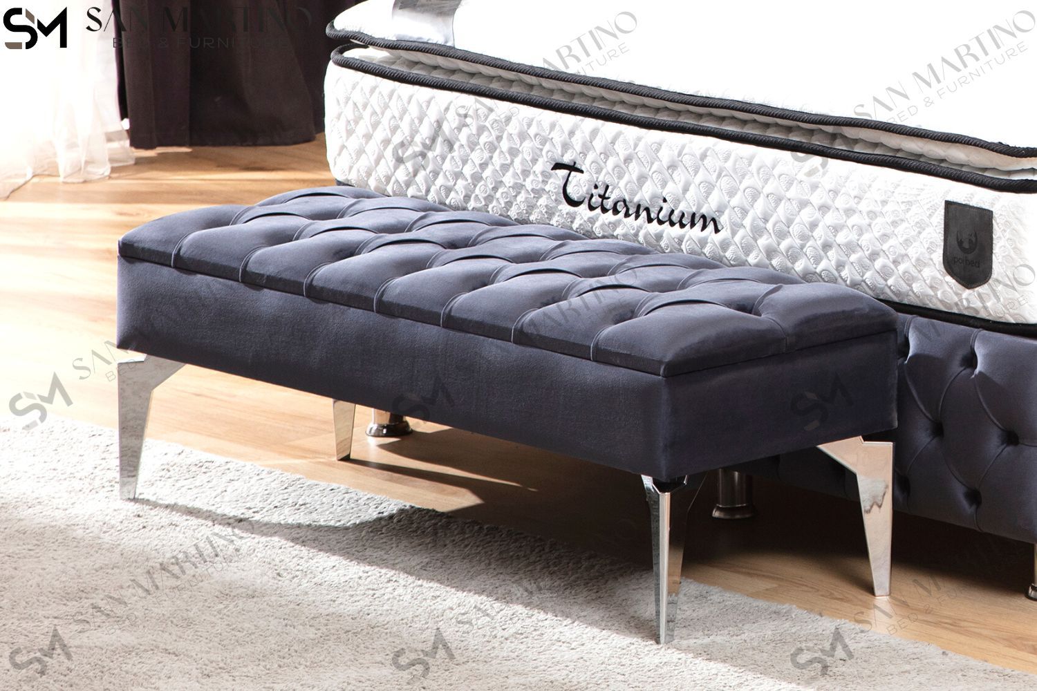 Banquette Coffre CAPITONNÉ Velours Gris Anthracite