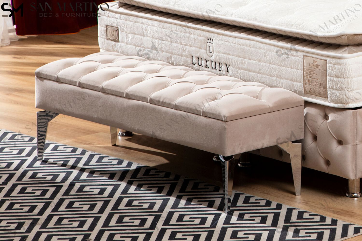 Banquette Coffre CAPITONNÉ Velours Beige