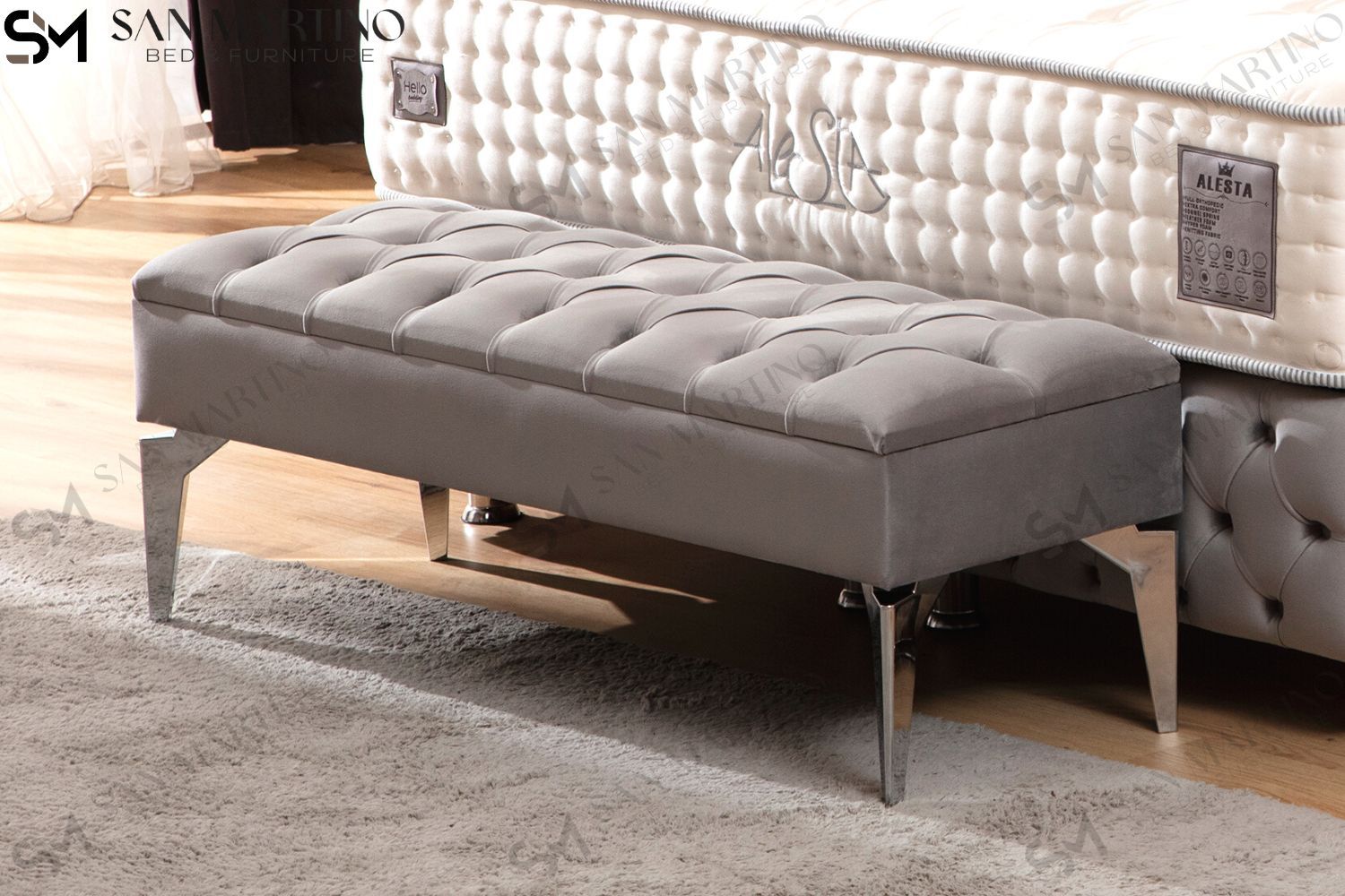 Banquette Coffre CAPITONNÉ Velours Gris