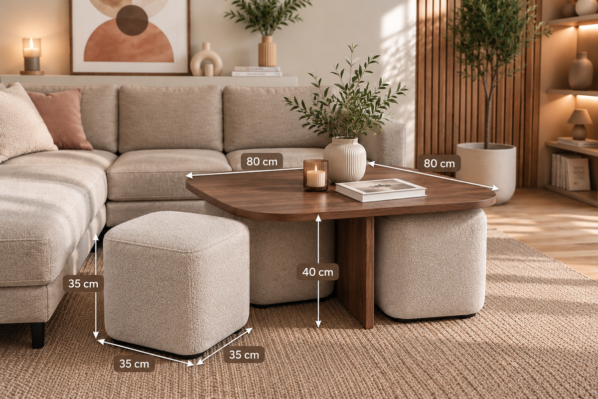 Table Basse Marbella Céramique Noyer avec poufs 80cm