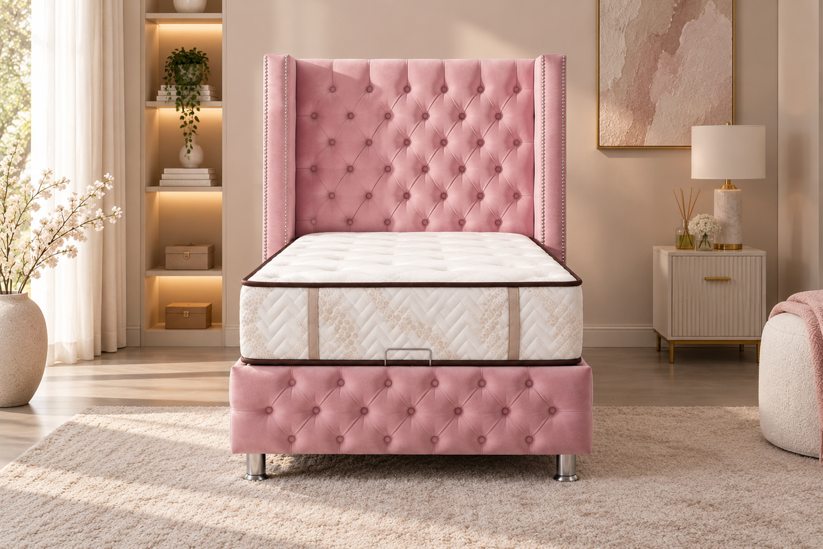 Lit Coffre Enfant CLOUTE ROSE - Velours capitonné