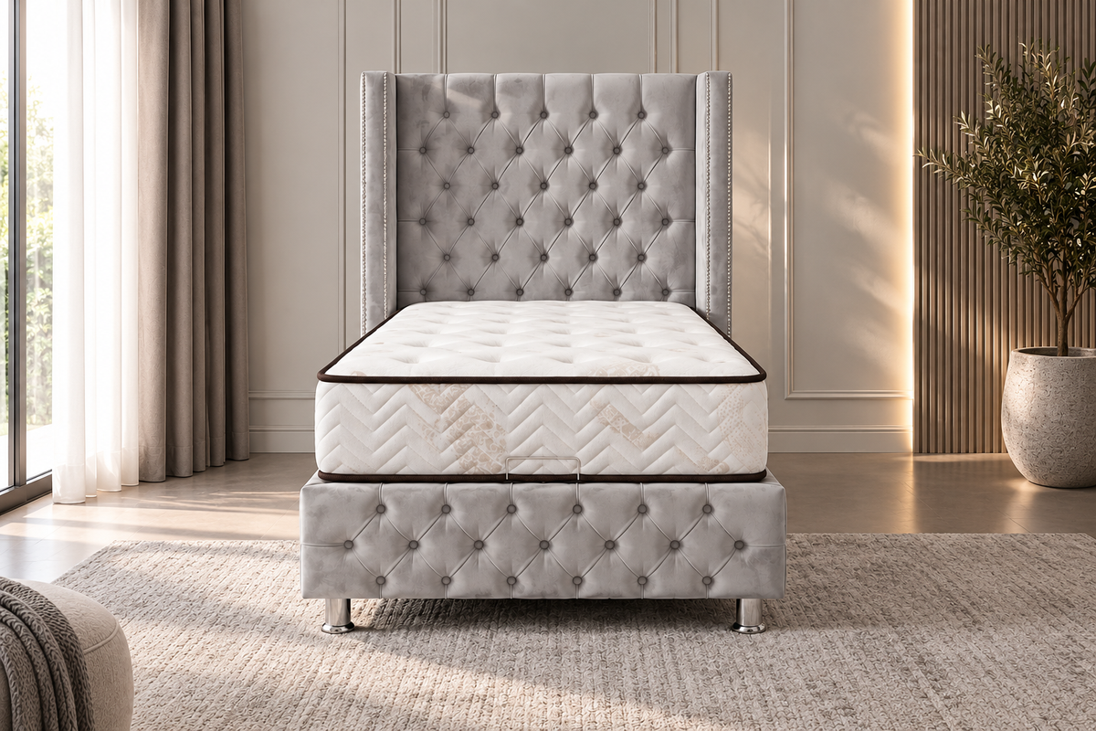 Lit Coffre Enfant CLOUTE GRIS - Velours capitonné