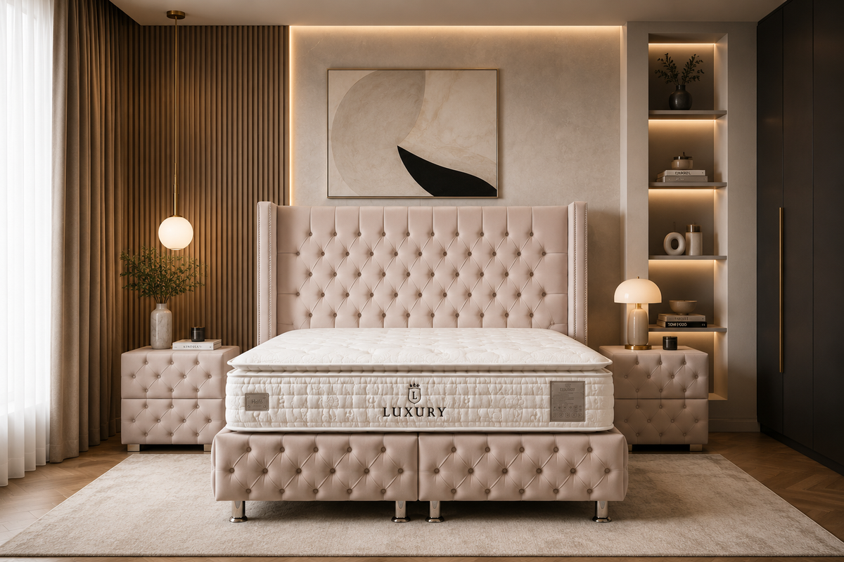 Lit Coffre CLOUTE BEIGE - Velours capitonné