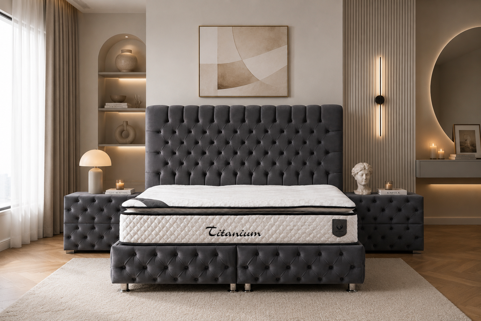 Lit Coffre LUNA GRIS ANTHRACITE - Velours capitonné