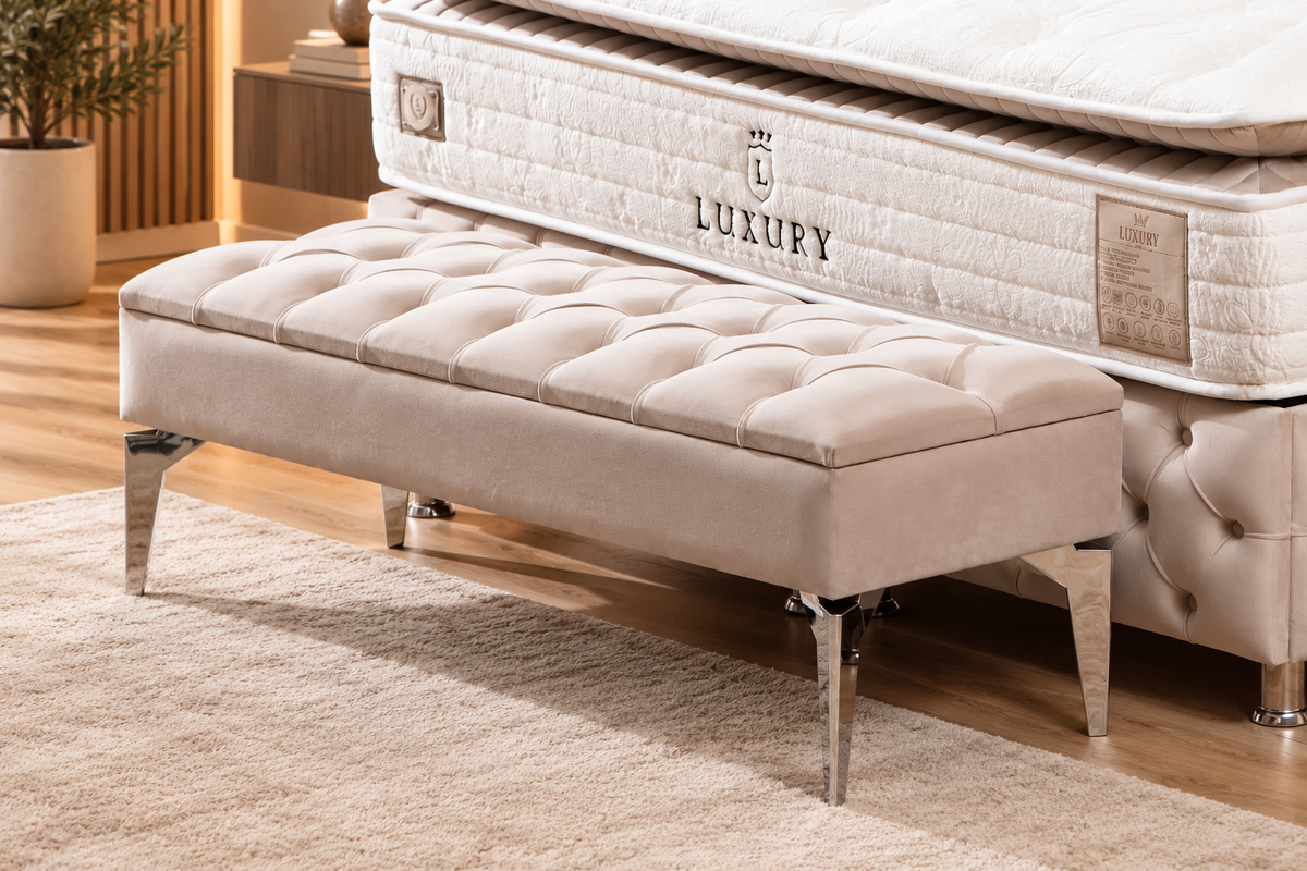 Banquette Coffre CAPITONNÉ Velours Beige