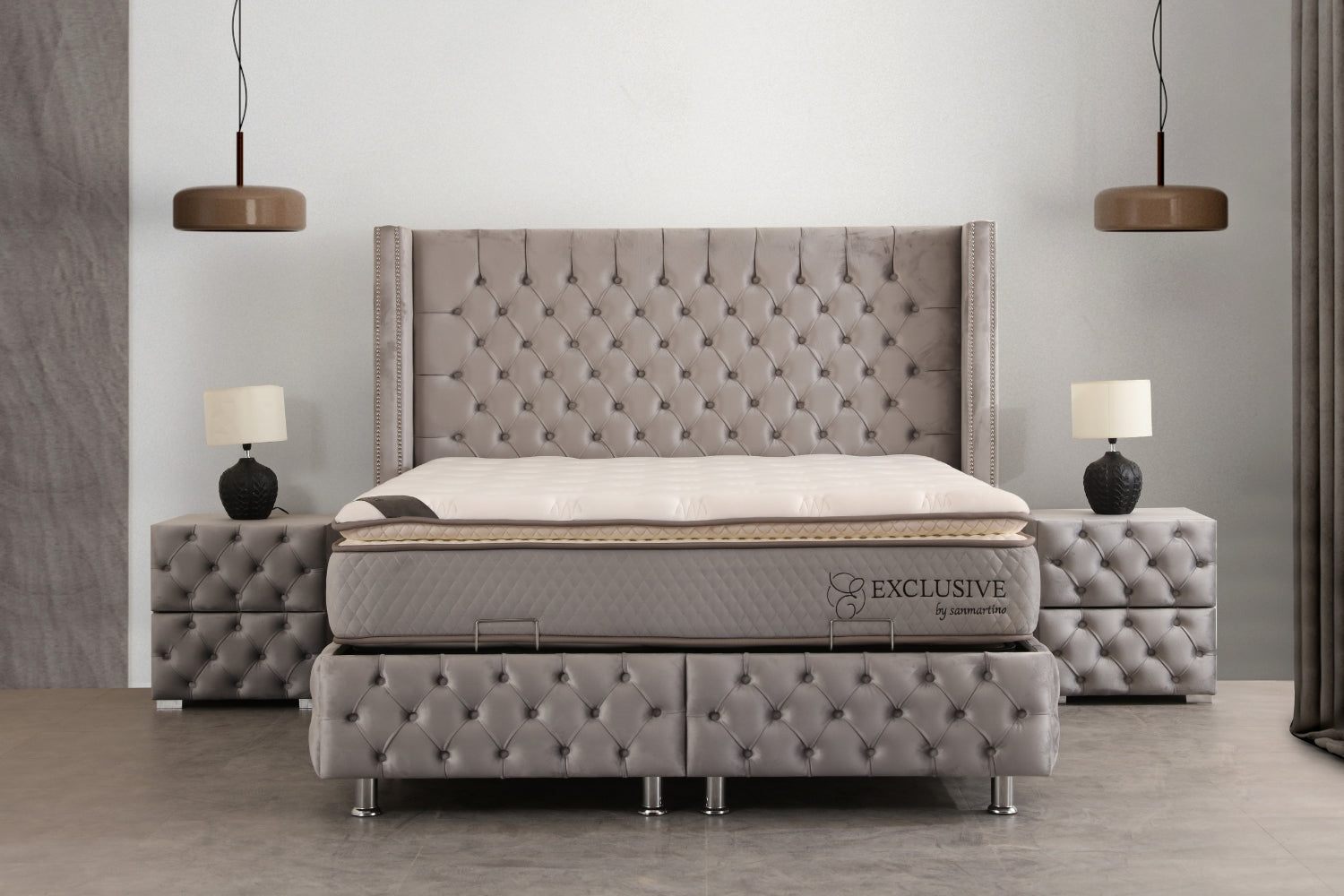 Lit Coffre CLOUTE GRIS - Velours capitonné