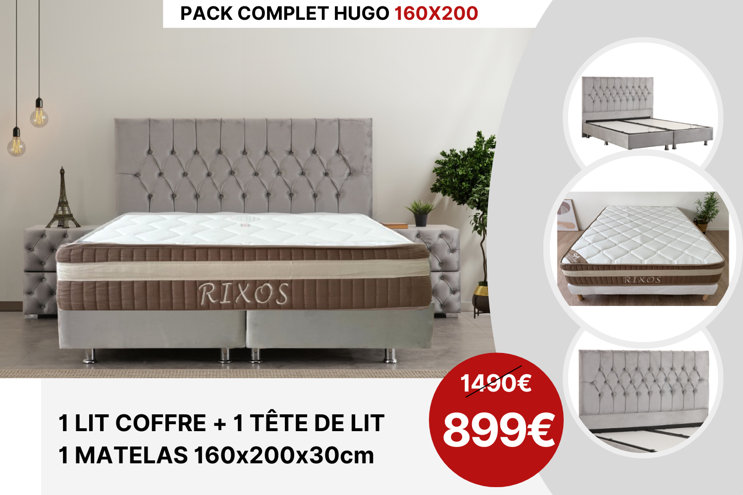PACK COMPLET HUGO GRIS + Matelas 30cm