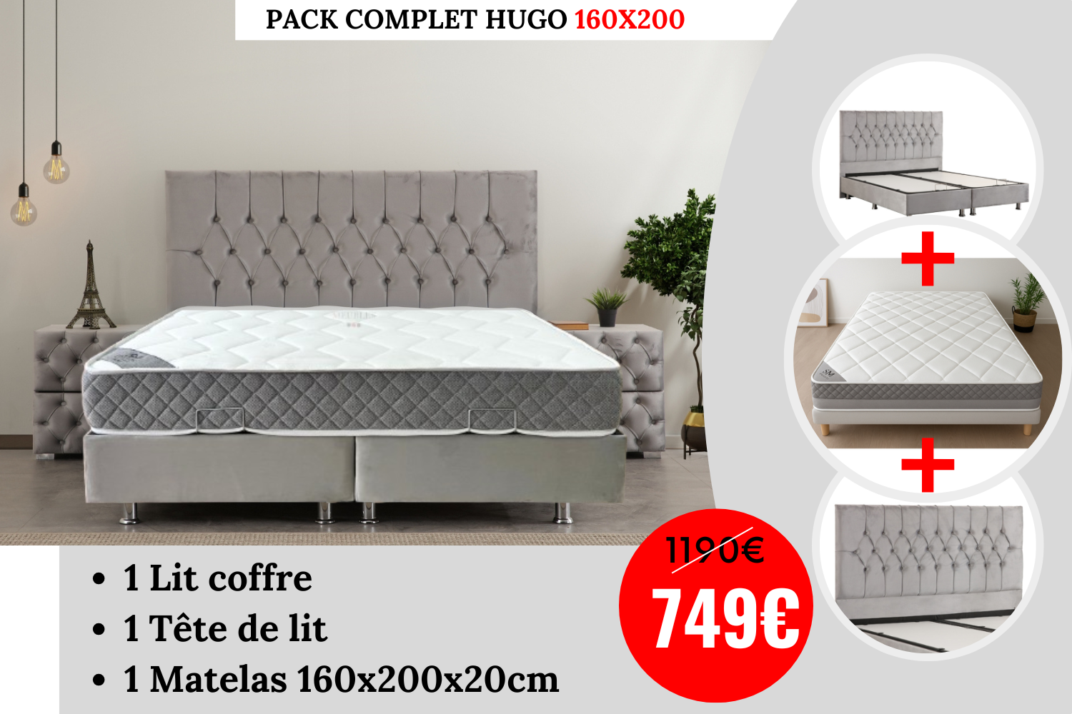 PACK COMPLET HUGO GRIS 160X200 + Matelas 20cm