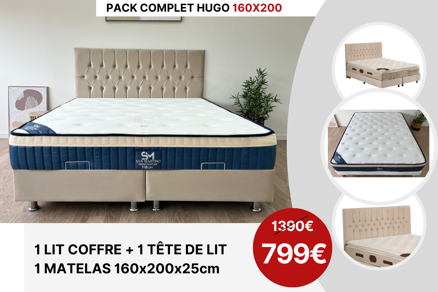 PACK COMPLET HUGO BEIGE Matelas 25cm - Main Image
