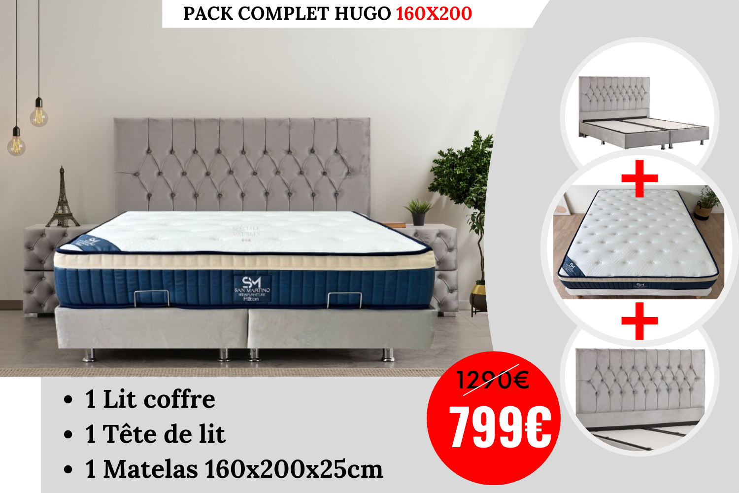 PACK COMPLET HUGO GRIS 160X200 + Matelas 25cm