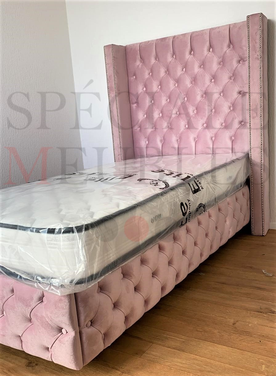 Lit enfant Lits capitonné Lit avec tête de lit ronde lit d'appoint lit  double 140 x 200 cm velour rose